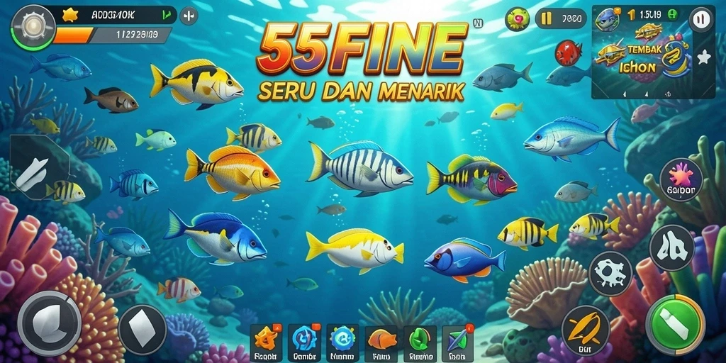 Tampilan gameplay seru di 55FIVE dengan aksi menangkap ikan.