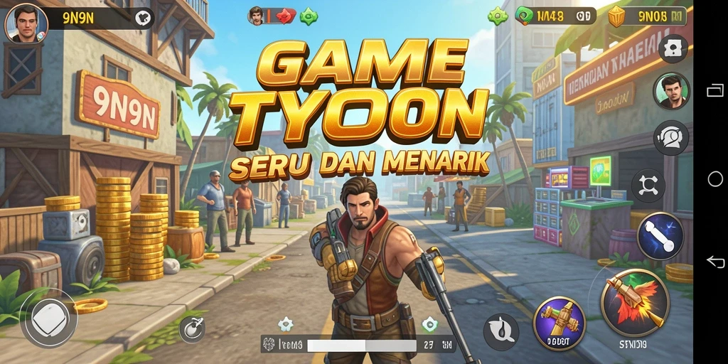 Tampilan gameplay seru di dalam 9N9N yang menggambarkan strategi manajemen bisnis.
