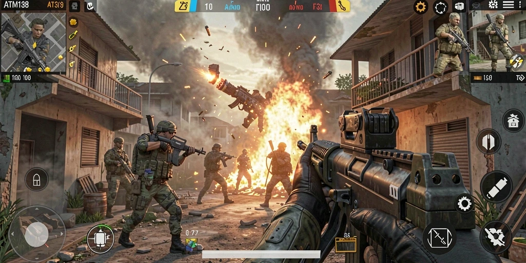 Screenshot gameplay ATM138 menampilkan aksi seru dalam pertempuran FPS.