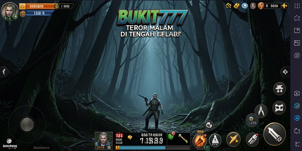 Screenshot gameplay BUKIT777 menampilkan suasana mencekam di tengah hutan.