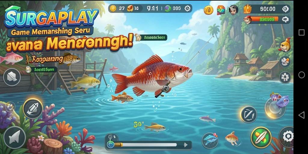 Screenshot gameplay SURGAPLAY yang menunjukkan aksi memancing yang seru.