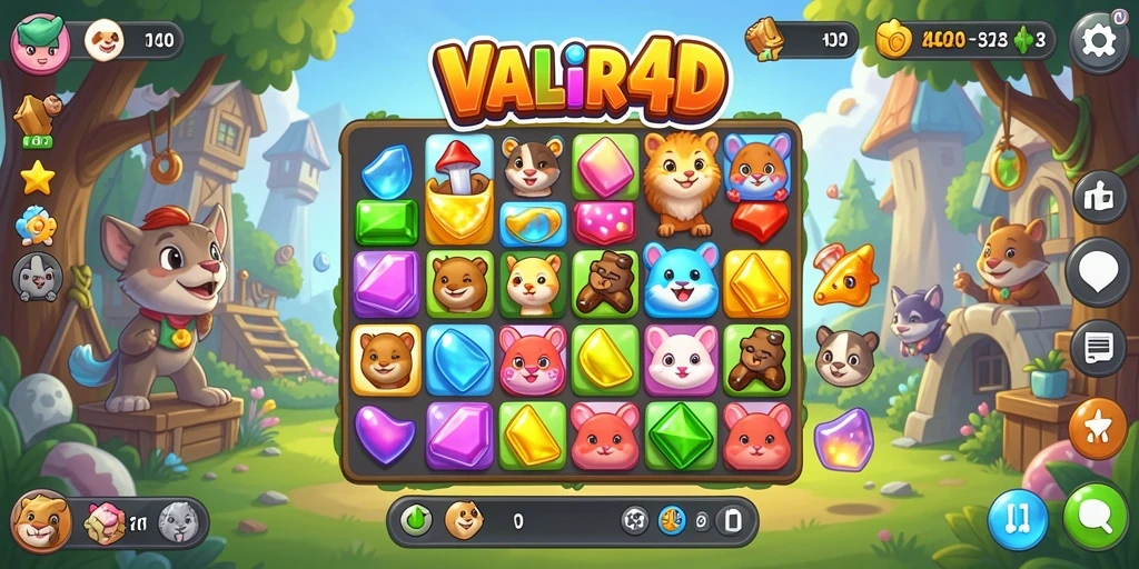 Tampilan gameplay menarik dari game Match-3 VALIR4D yang penuh warna.