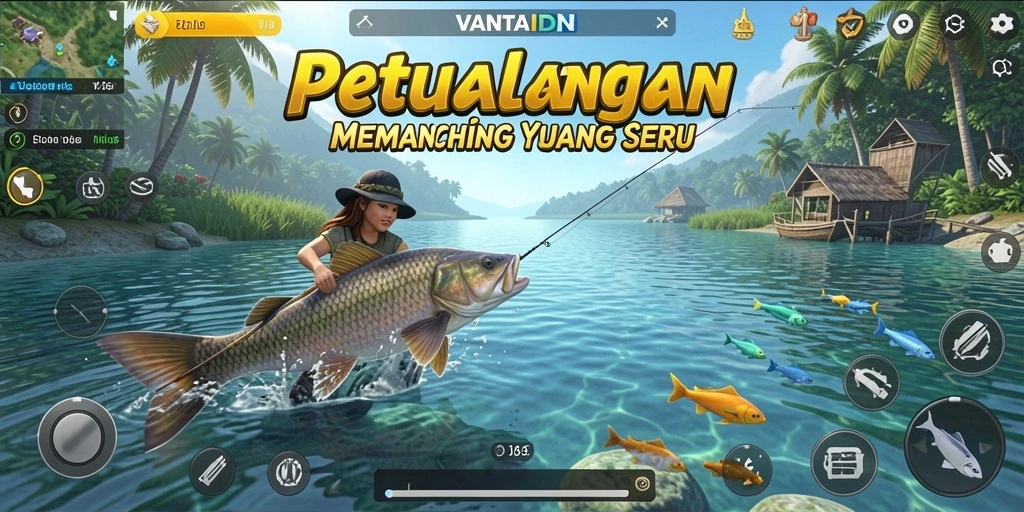 Gambaran gameplay VANTAIDN saat memancing di lokasi yang indah.