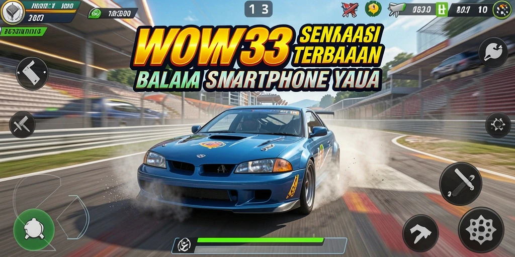 Tampilan gameplay WOW33 saat balapan dengan mobil dikelilingi trek yang menantang.